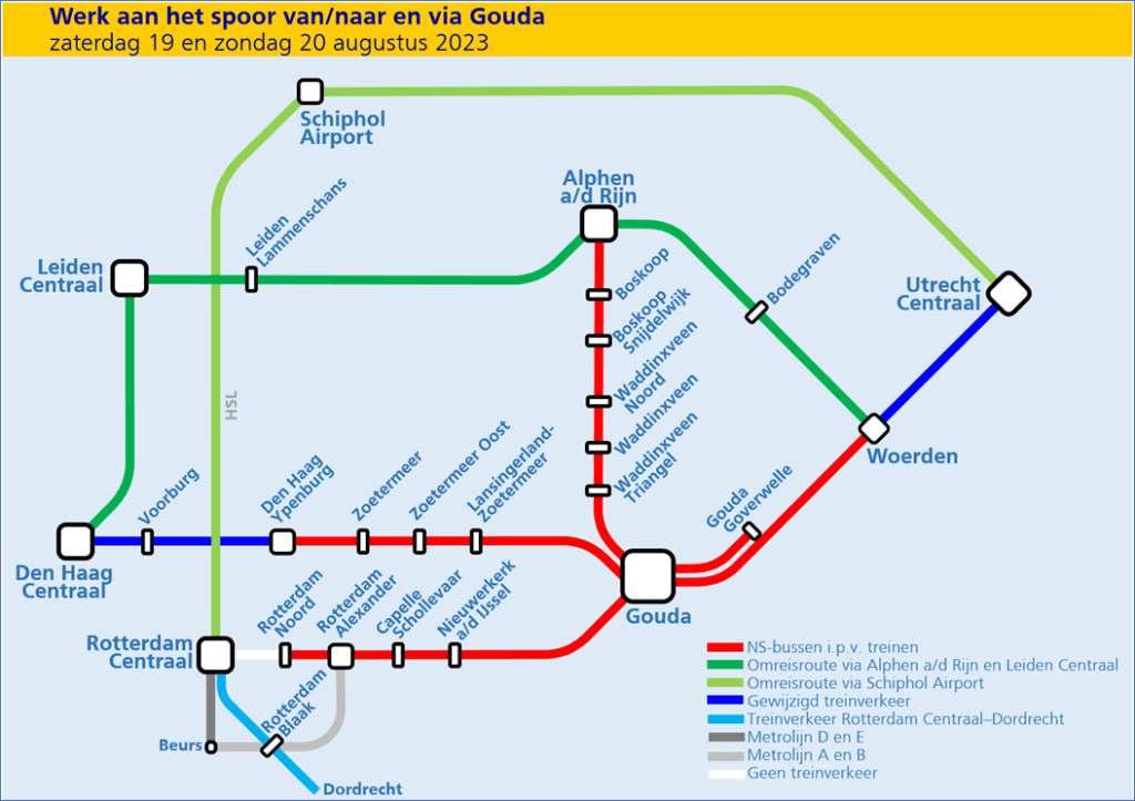De treindiensten zullen op zaterdag 19 augustus en zondag 20 augustus daarom niet operationeel zijn. De NS zal vervangende busdiensten aanbieden, maar reizigers dienen rekening te houden met extra reistijd en mogelijke drukte. Er zullen aanvullende bussen rijden op de volgende trajecten: