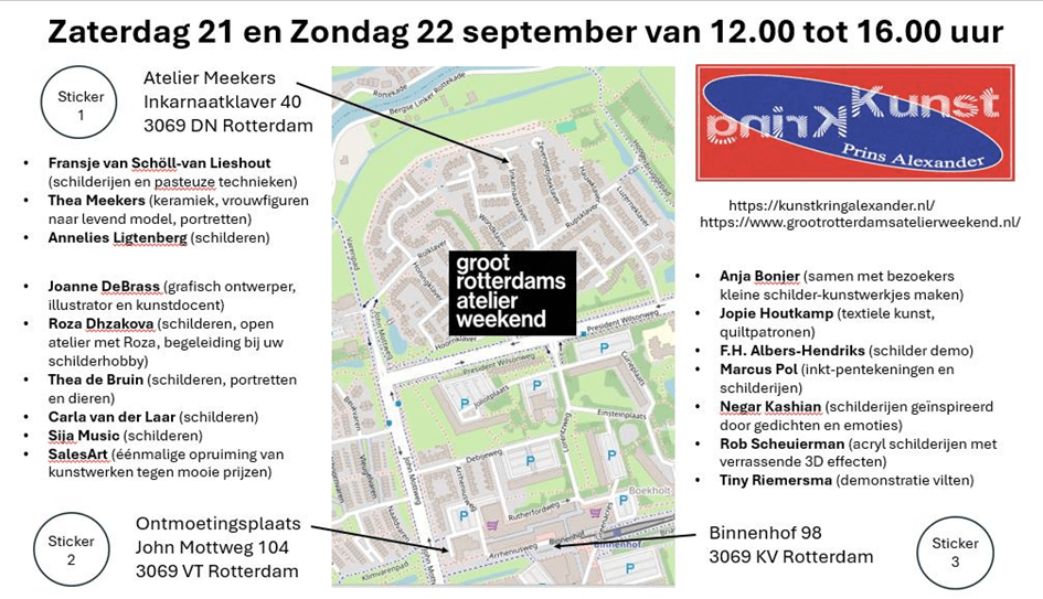 Zaterdag 21 en Zondag 22 september 2024 openen er in heel Rotterdam 712 beeld kunstenaars hun deuren en poorten. In Ommoord kunt u op visite bij 15 kunstenaars op 3 locaties. De locaties zij dicht bij elkaar, zodat lopend of op de fiets (met auto mag natuurlijk ook), er bij alle 3 een bezoekje kan worden gebracht. Op elke locatie is een stickerkaart verkrijgbaar. Stickerkaart vol, dan is er een leuk presentje op de laatste locatie. Er is veel te zien, zoals schilderijen, tekeningen, keramiek, textielkunst en meer. Er zijn demonstraties en bezoekers kunnen zelf een klein kunstwerkje maken. Meer informatie is te vinden op https://www.grootrotterdamsatelierweekend.nl/, waar u alles vindt over de locatie en de kunstenaars.