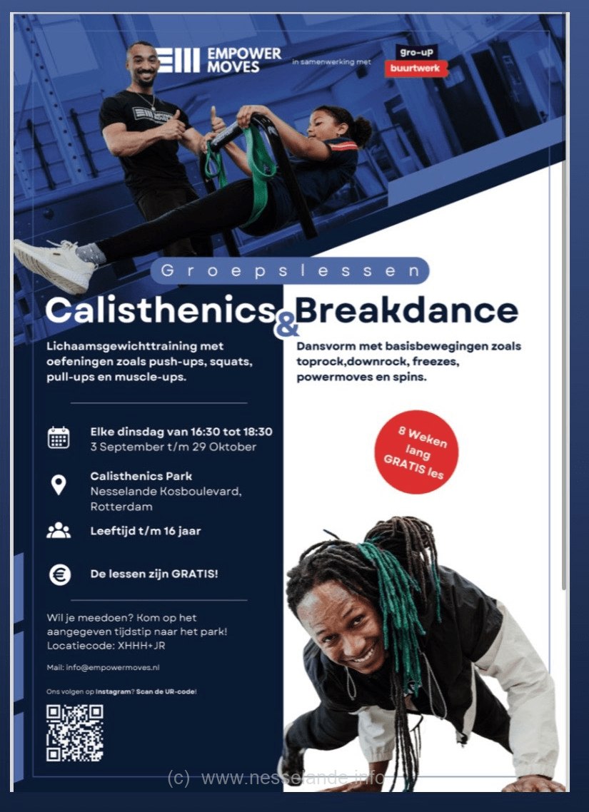 Nog tot en met 29 oktober 2024 gratis Calisthenics Breakdance les aan de Kosboulevard. Dansvormen zoals spins en powermoves maken kids tot en met 16 jaar extra fit! Locatie: Het Calisthenics Park (de buitenfitness apparaten) links van de skatebaan. Toegang: gratis Tijden: 16.30 – 18.30 uur Tot en met 29 oktober 2024.