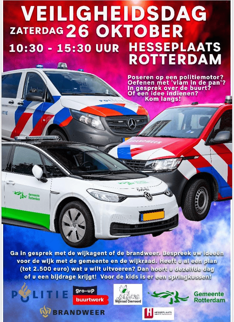 Kom in gesprek met wijkagent, brandweer en bespreek uw ideeën voor de wijk. Er is 2500 euro voor de uitvoering van veilige plannen. 