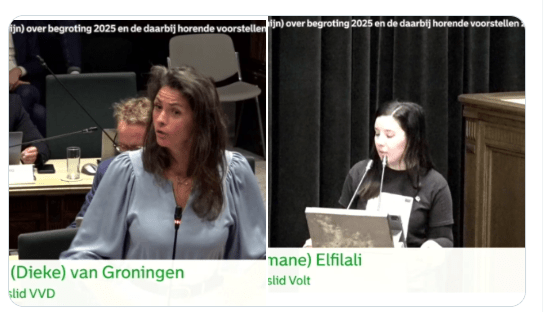 Mevrouw Van Groningen blijft uitglijden door een scherp en gevat leider van de Rotterdamse VOLT, mevrouw Imane Elfilali.