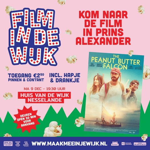 We starten de week volgende week maandagavond met een avontuurlijke en komische film, in Huis van de Wijk Nesselande - De Kristal ⤵️ 🎬 The Peanut Butter Falcon 🎬 "De jonge Zak met het syndroom van Down heeft slechts één droom: een professionele worstelaar worden! Wanneer hij op een dag wegloopt uit het verpleegtehuis wil hij niks liever dan die droom waarmaken. Al snel ontmoet hij Tyler, die ook op de vlucht is. Als twee ongewone bondgenoten weten ze te ontsnappen en beleven ze de wildste avonturen. Ze overtuigen zelfs de aardige Eleanor, een medewerkster van het verpleegtehuis, om zich bij hen aan te sluiten op hun reis." 🗓️ Maandag 9 december 2024 🕜 De deuren gaan open om 19.00 uur, de film start om 19.30 uur 📍 Huis van de Wijk Nesselande - De Kristal (Cypruslaan 404, Rotterdam) 🍿 De toegang is €2,50, wij zorgen voor een hapje en drankje. Aanmelden is niet nodig, betalen kan ter plekke (pin & contant)