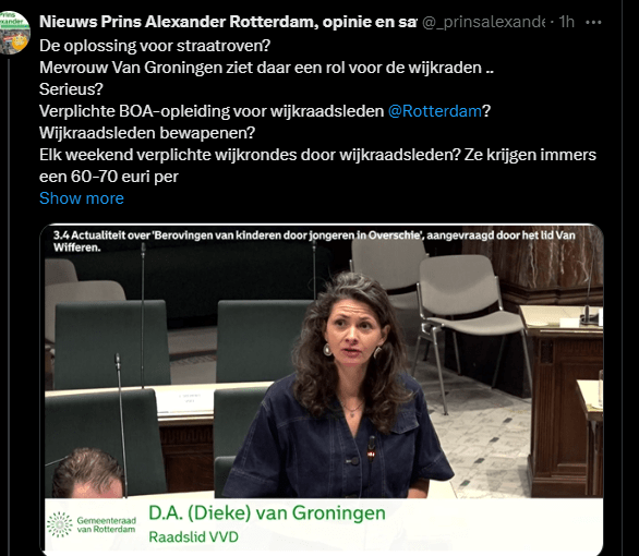 Mevrouw Van Groningen, VVD Rotterdam: 'Een rol voor de Wijkraadsleden bij voorkomen straatberovingen.'