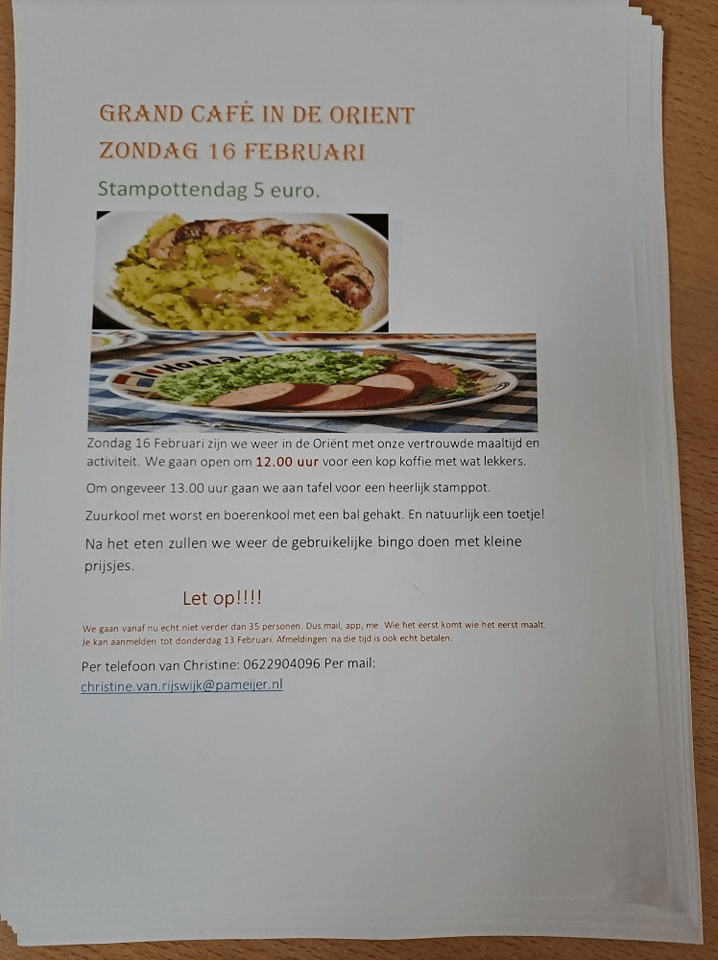 Zondag 16 februari weer een Grand Café in Huis van de Wijk in Oosterflank vanaf 12.00 uur. 13 uur start stampot.