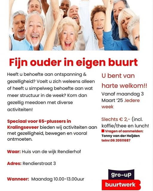 Speciaal voor 65-plussers in Kralingseveer, leuke activiteiten iedere maandag vanaf 3 maart in het Huis van de Wijk Rendierhof. #groupbuurtwerk #samenvoordewijk #Kralingseveer #kralingseveer #wijkraadkralingseveer #rendierhof