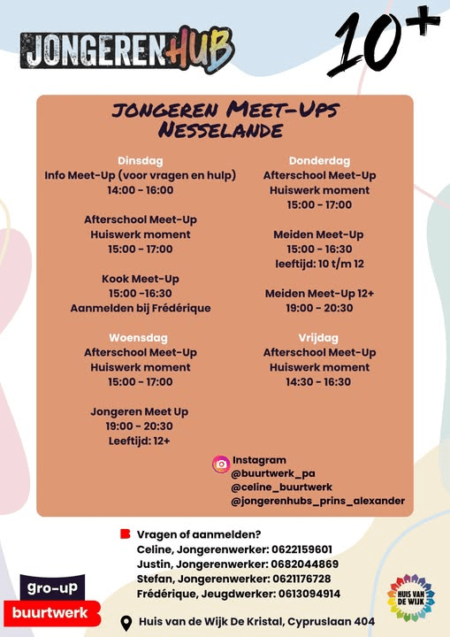 Een afterschool meet-up in de Kristal bij de metro van Nesselande (Cypruslaan 404, Rotterdam) is er weer van dinsdag tot en met vrijdag vanaf 14 of 15 uur. Vragen of aanmelden: onder andere via 06 22 159 601 (Celine).