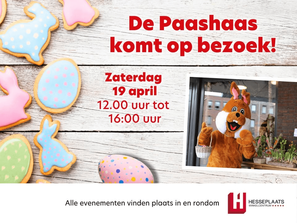 19 april komt de Paashaas op de Hesseplaats langs van 12 uur tot 16 uur.