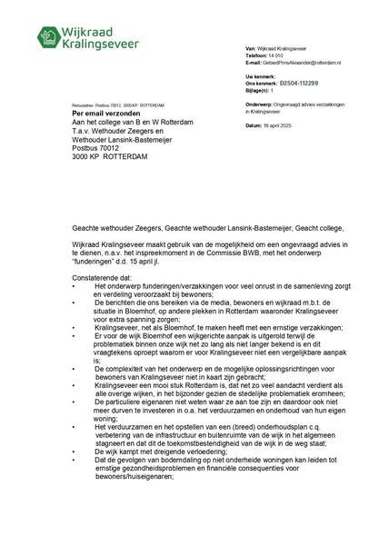 Het onderwerp funderingen/verzakkingen zorgt voor veel onrust in de samenleving en veroorzaakt verdeling bij bewoners. De berichten die ons bereiken via de media, bewoners en wijkraad m.b.t. de situatie in Bloemhof zorgen voor extra spanning op andere plekken in Rotterdam waaronder Kralingseveer. De wijk Kralingseveer heeft net als Bloemhof te maken heeft met een ernstige verzakkingen. Waar voor de wijk Bloemhof een wijkgerichte aanpak is uitgerold terwijl de problematiek binnen onze wijk net zo lang als niet langer bekend is roept vraagtekens op waarom er voor Kralingseveer niet een vergelijkbare aanpak is. De wijkraad heeft het onderwerp al 3 jaar in het jaaractieplan heeft opgenomen en de gemeente verzocht om een projectteam op te stellen met als doel het eerlijke verhaal aan de wijk te vertellen. Ook dit jaar dreigt het aanstellen van een projectteam te sneuvelen, doordat er onvoldoende capaciteit en middelen beschikbaar worden gesteld. Daarom hebben wij als wijkraad ervoor gekozen om bij de commissie BWB in te spreken en een ongevraagd advies in te dienen. In dit advies, gericht aan wethouder Zeegers, wethouder Lansink-Bastemeijer en het college, verzoeken wij met oog op al onze constateringen dringend aan om actie te ondernemen. #wijkaanpak #rotterdamschonestad #wijkakkoord #stadsbeheerrotterdam #Kralingseveer #duurzaam010 #gemeenteraadvanrotterdam #gemeenteraad010 #samenvoordewijk #kralingseveer #wijkraadkralingseveer #wijkaanzet