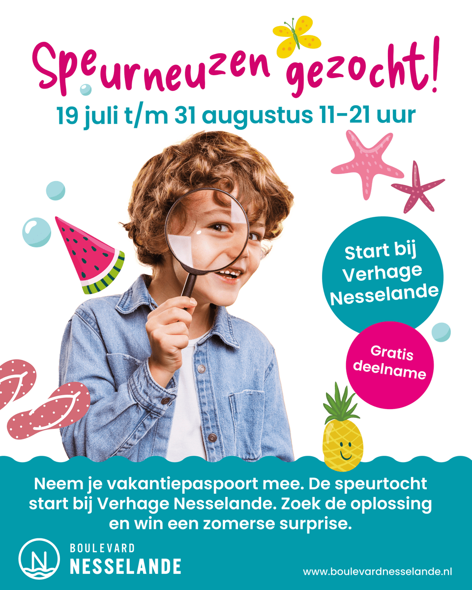 Deze zomer verandert Boulevard Nesselande aan de Zevenhuizerplas in een spannend speuravontuur! In samenwerking met het Vakantiepaspoort van de Gemeente Rotterdam wordt van 19 juli t/m 31 augustus 2025 een interactieve speurtocht georganiseerd voor kinderen. Deelname is gratis en toegankelijk voor alle basisschoolkinderen. Kinderen kunnen zich tijdens de speurtocht melden bij Verhage Nesselande om hun avontuur te starten. Na het succes van voorgaande jaren staat er ook dit jaar een geheel nieuwe uitdaging klaar. De speurtocht is ontworpen om kinderen spelenderwijs kennis te laten maken met de omgeving. Door aanwijzingen te volgen en puzzels op te lossen, komen deelnemers stap voor stap dichter bij de verborgen oplossing. Wie alle aanwijzingen weet te vinden en het juiste antwoord raadt, wint een leuke prijs! Over het Vakantiepaspoort Boulevard Nesselande is al jaren een vaste deelnemer aan het Vakantiepaspoort, een initiatief van de Gemeente Rotterdam waarmee kinderen tussen de 4 en 12 jaar tijdens de zomervakantie voordelig en actief op pad kunnen. Met het paspoort krijgen zij toegang tot diverse activiteiten en kortingen in Rotterdam en omgeving. De speurtocht in Nesselande is een van de vele activiteiten waarmee kinderen deze zomer spelenderwijs hun stad kunnen ontdekken. Praktische informatie Locatie: Verhage Nesselande. Periode: 19 juli t/m 31 augustus Tijd: Dagelijks van 11:00 – 21:00 uur Deelname: Gratis