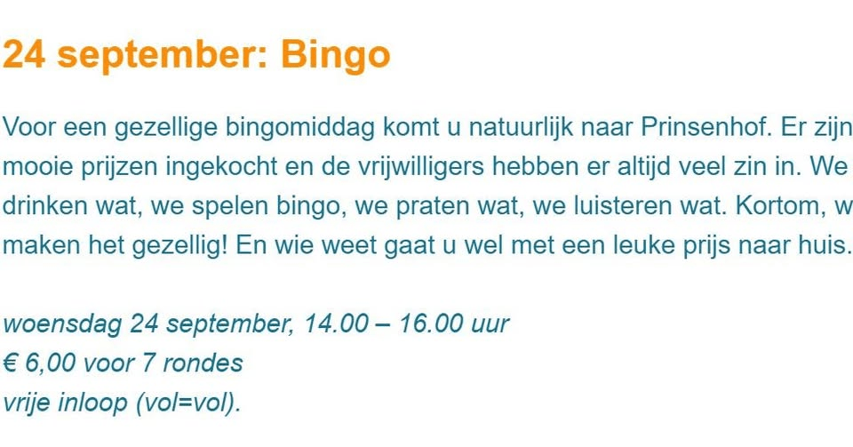 24 september 2025 Bingo in de Prinsenhof