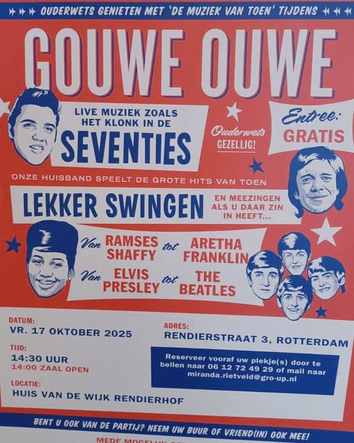 Kom lekker swingen bij Gouwe Ouwe in Huis van de Wijk Rendierhof op vrijdag 17 oktober! Live muziek uit de seventies.