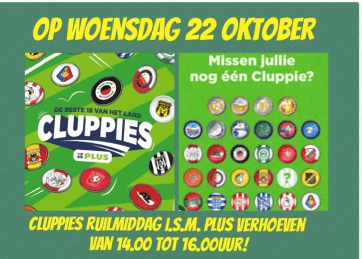 Wie komt er zijn/haar ontbrekende cluppies scoren! Op woensdag 22 oktober van 14.00 tot 16.00uur. In samenwerking met @plusverhoeven heb je de mogelijkheid om je ontbrekende cluppies te ruilen! Let op: DE RUILMIDDAG VINDT PLAATS IN DE SPEELTUIN!! Er staat wat lekkers en te drinken klaar voor jullie. Tot de 22e!