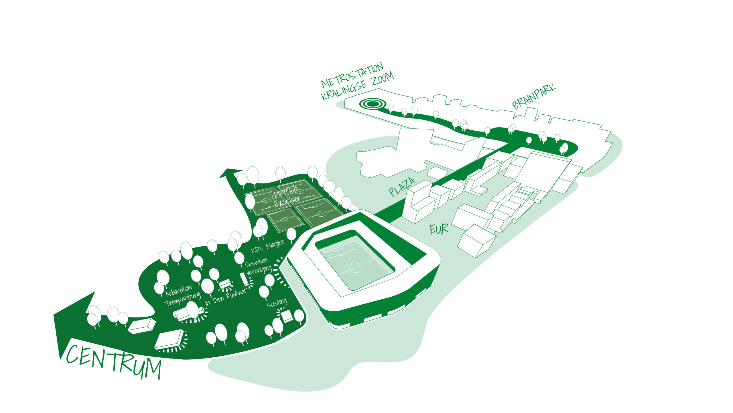Een nieuw en groter voetbalstadion voor Excelsior. Een multifunctioneel gebouw, met ruimte voor voorzieningen voor (top)sport, recreatie, gezondheid en woningen. En dat alles in een groene omgeving waarin fietsers en voetgangers ruim baan krijgen.