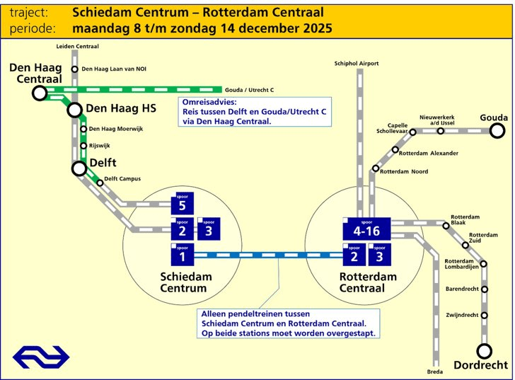 Van maandag 8 tot en met zondag 14 december voert ProRail werkzaamheden uit rond Rotterdam Centraal en op het traject tussen Rotterdam en Schiedam. Hierdoor rijden er vanaf morgen minder treinen en moeten reizigers rekening houden met extra overstappen en een langere reistijd. Belangrijkste wijzigingen Tussen Schiedam Centrum en Rotterdam Centraal rijdt er vier keer per uur een pendeltrein. Op het traject Rotterdam–Dordrecht rijden minder treinen. De dienstregeling tussen Schiedam en Den Haag is beperkt. Sprinters richting Den Haag vertrekken in Schiedam Centrum vanaf spoor 5. Intercity’s richting Den Haag vertrekken in Schiedam Centrum vanaf spoor 3. De intercity vanuit Eindhoven naar Den Haag rijdt tot Rotterdam; één keer per uur wordt doorgereden naar Schiphol en Lelystad. Op Rotterdam Centraal vertrekken verschillende treinen vanaf een ander spoor dan gebruikelijk. Advies: Raadpleeg vlak voor vertrek de NS Reisplanner voor de meest actuele reisinformatie.