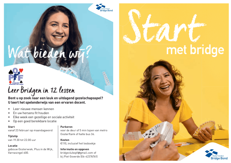 Bridgen heeft als denksport het voordeel dat je het op hoge leeftijd nog steeds kunt spelen en dat je het overal kunt spelen.  Uiteraard op een club, maar ook met vrienden thuis of met derden digitaal via speciale bridgesites. Het is een sociale activiteit,  je ontmoet veel anderen,  je kunt als je dat wilt elke week wel ergens meedoen aan een kroegentocht of een drive, er zijn ook nog vele vakantie- en weekendaanbiedingen om te bridgen. Veel van onze leden hebben pas op latere leeftijd (bijvoorbeeld met het pensioen in zicht)  bridgen geleerd en zijn achteraf heel blij dat ze dat gedaan hebben. Ook al kostte het in begin moeite en doorzettingsvermogen.