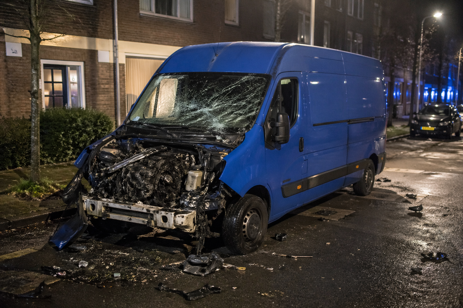 Bij een explosie in een geparkeerde bestelbus in Rotterdam is flinke schade ontstaan. De knal was zo krachtig dat de motorkap meters hoog de lucht in werd geslingerd en verderop op straat terechtkwam.