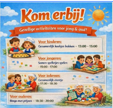 Op woensdag 29 april wordt er een gezellige en gevarieerde activiteitenmiddag georganiseerd voor mensen van alle leeftijden. Iedereen is welkom om samen te genieten van leuke bezigheden, ontmoeting en ontspanning. De activiteiten vinden plaats op Ambachtsplein 141 (3068 GV) en deelname is gratis. Wel is aanmelden vooraf verplicht.