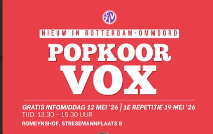 “Popkoor VOX is een nieuw, gezellig en laagdrempelig koor in Rotterdam – Ommoord, waar zangplezier centraal staat. Of je nu ervaring hebt of gewoon graag zingt: iedereen is welkom om mee te doen!