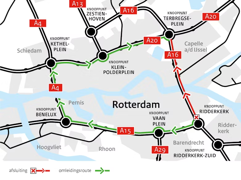 Richting en van Nesselande vinden er in de omgeving veel werkzaamheden plaats. In het kader van het grootschalige onderhoud aan de A16 tussen Rotterdam en Ridderkerk voert Rijkswaterstaat tot en met oktober 2026 diverse werkzaamheden uit. Hierdoor gelden in de komende weken de volgende afsluitingen: Vrijdag 15 mei 22.00 uur t/m maandag 18 mei 2026 05.00 uur De hoofdrijbaan van de A16 richting Rotterdam is volledig afgesloten tussen knooppunt Ridderkerk en knooppunt Terbregseplein. De parallelrijbaan blijft open.