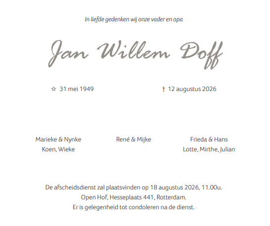 Voormalig predikant Jan Willem Doff, jarenlang een bekend gezicht in Ommoord en Zevenkamp, is op 12 augustus op 77-jarige leeftijd overleden. Open Hof Ommoord maakte zijn overlijden op 14 augustus bekend. Doff was in totaal 28 jaar als gemeentepredikant verbonden aan Rotterdam-Noordrand, waaronder Open Hof in Ommoord en de Ontmoetingskerk in Zevenkamp.