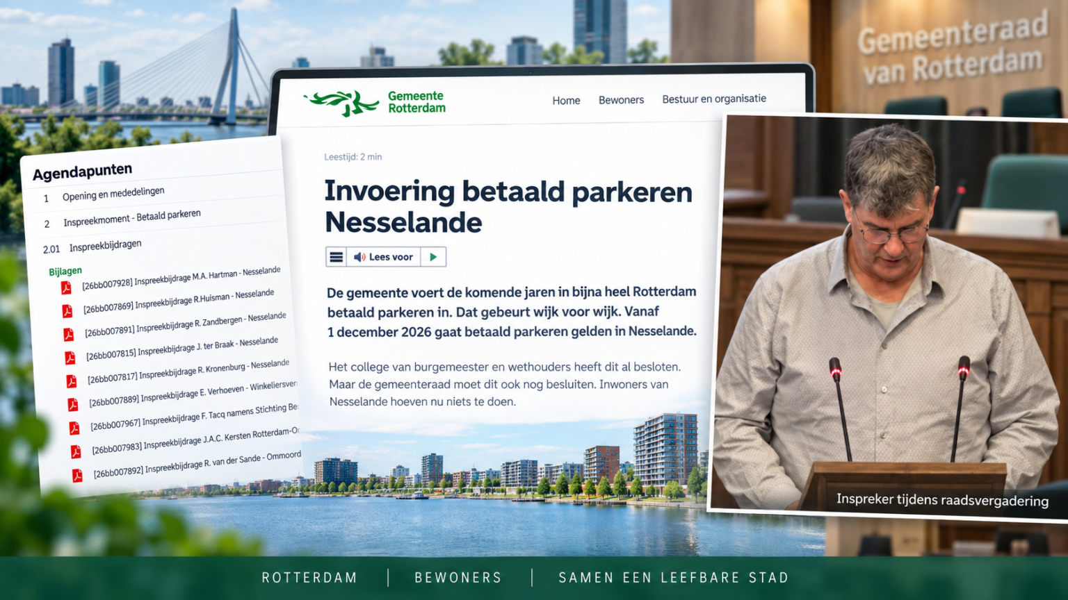 Waar insprekers uit Ommoord en Zevenkamp met actuele parkeercijfers en bouwplannen kwamen, was het inspreken van een groep Nesselanders uiterst zwak en weinig onderbouwd. Betalen om te parkeren in Rotterdam is niet leuk. 