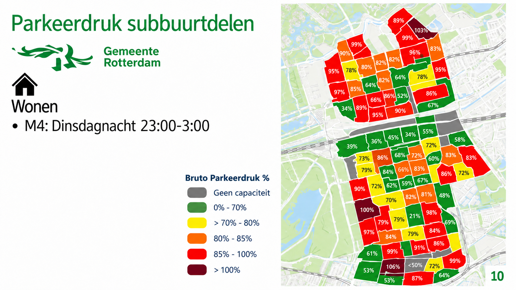 Alle rode gebieden zitten boven de 85% van de CROW-richtlijn, op die plekken is hoge parkeerdrukte.