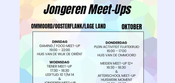 Jongeren uit Ommoord, Oosterflank en het Lage Land kunnen in oktober aansluiten bij verschillende laagdrempelige meet-ups. Gro-up Buurtwerk organiseert activiteiten rond gaming, eten, huiswerk, ontmoeting en vrije tijd.