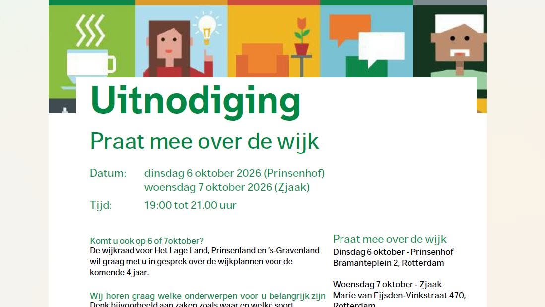De eerste bijeenkomst is op dinsdag 6 oktober in Prinsenhof aan het Bramanteplein 2 in Rotterdam. Een dag later, woensdag 7 oktober, is er een tweede avond in Zjaak aan de Marie van Eijsden-Vinkstraat 470 in Zevenkamp. Bezoekers kunnen onderwerpen aandragen zoals woningbouw, de aantrekkelijkheid van winkelcentra, verkeersveiligheid en voorzieningen voor jongeren en ouderen. De wijkraad gebruikt de input om een plan voor de wijk te maken en de gemeente te adviseren.